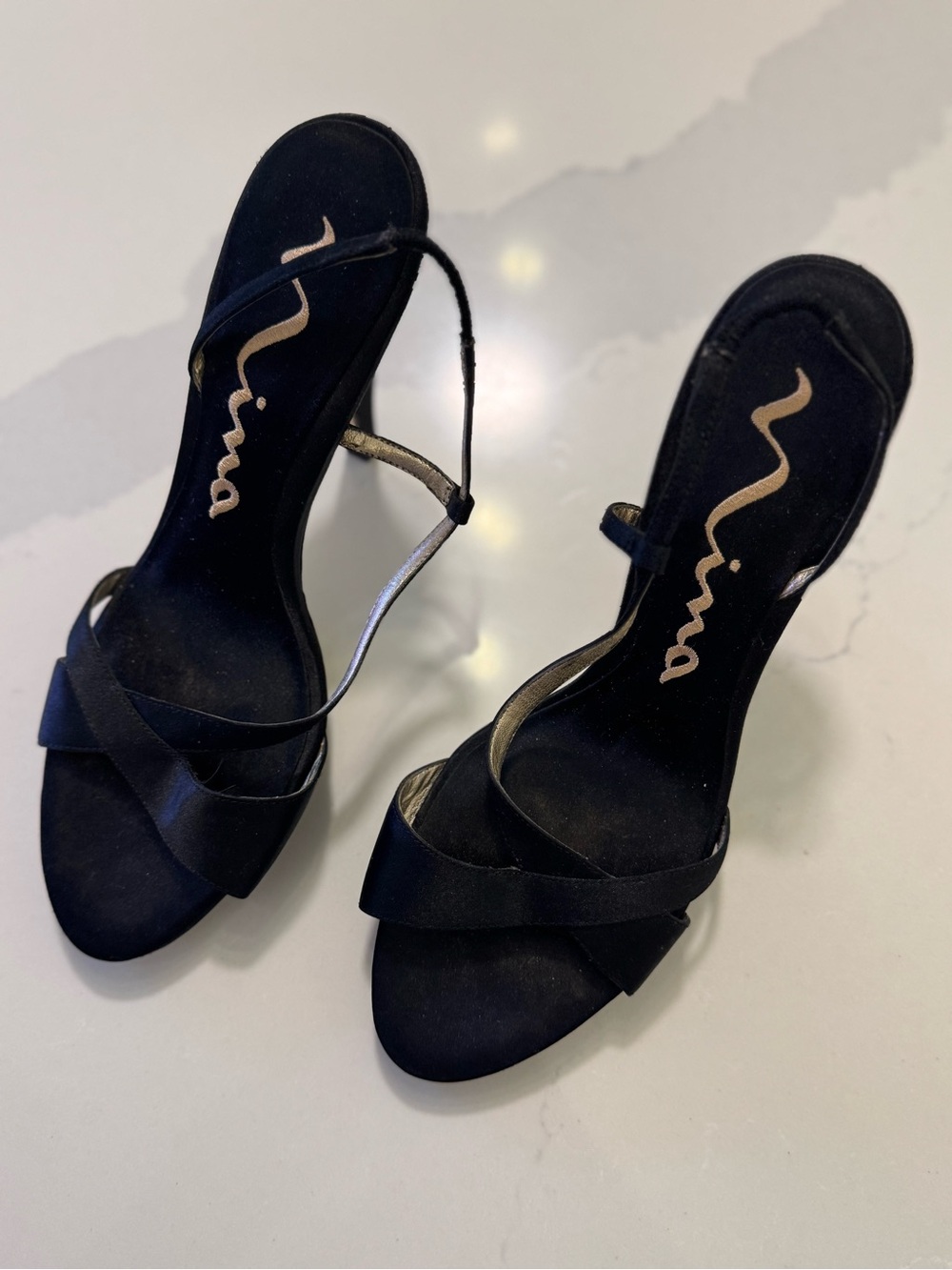 Nina Black Satin Open-Toe Heeled Sandals